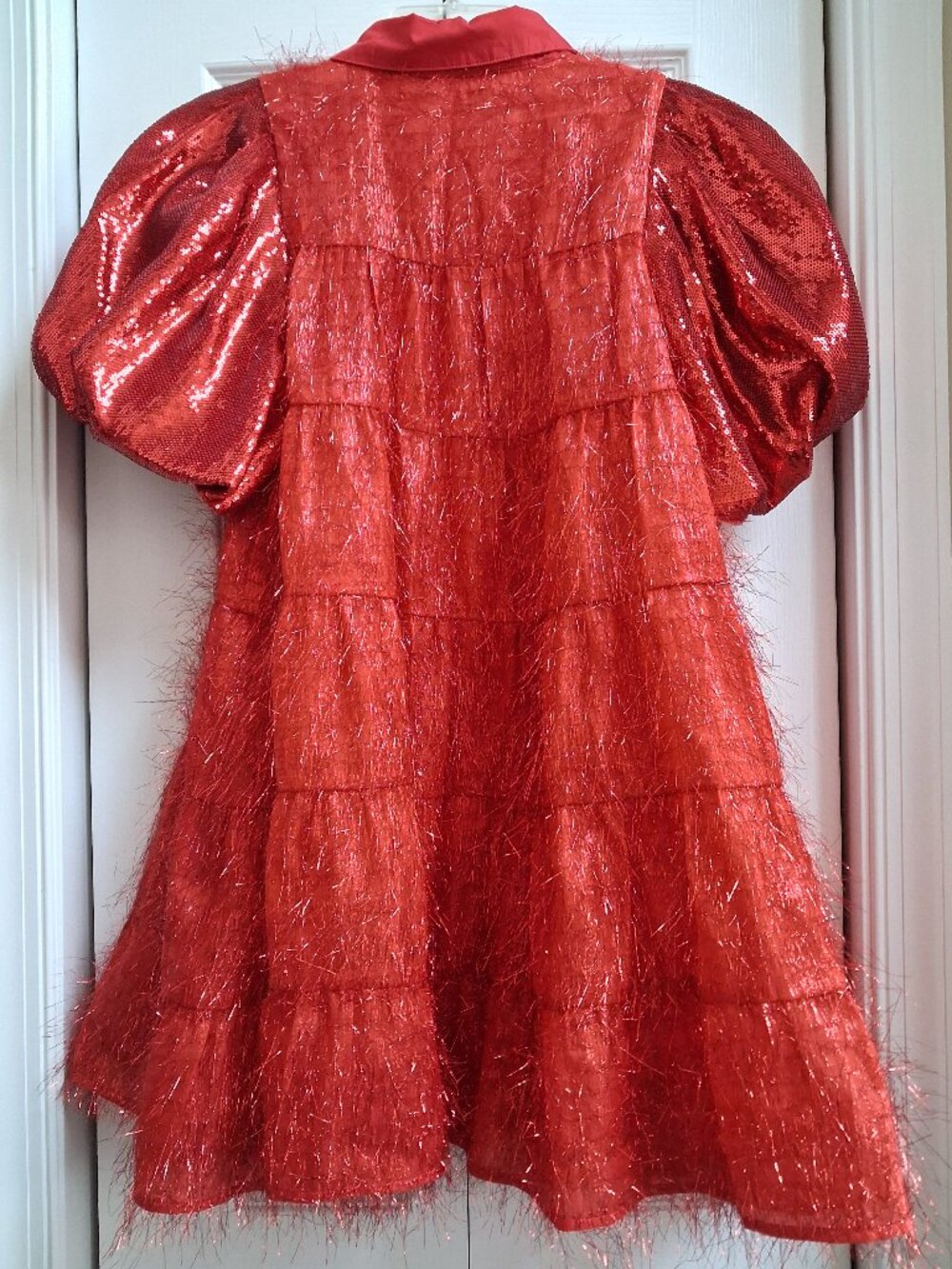NWOT QUEEN OF SPARKLES Red Tinsel Sequin Poof Sleeve Mini Dress sz M - Picture 9 of 11